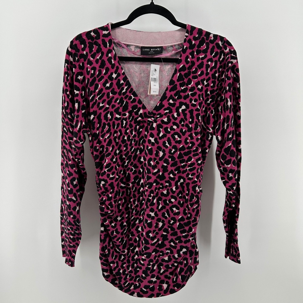 Lane Bryant Pink Leopard Ruched Pullover Soft Knit Sweater Slim 14/16 NWT Chic